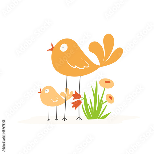 Cartoon bird with a chick and a bush of grass with flowers on a white background Fototapet