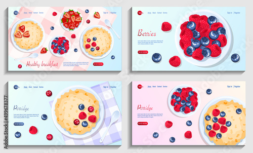 Porridge and berries. Raspberry, strawberry, cranberry and blueberry. Breakfast, healthy food, dieting concept. Set of vector illustration for flyer, poster, banner, website development.
