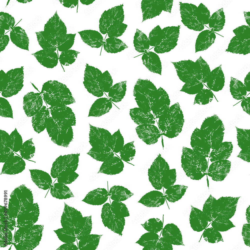 Seamless pattern with raspberry leaves, summer natural background with paint prints Seamless pattern with raspberry leaves, summer natural background with paint prints