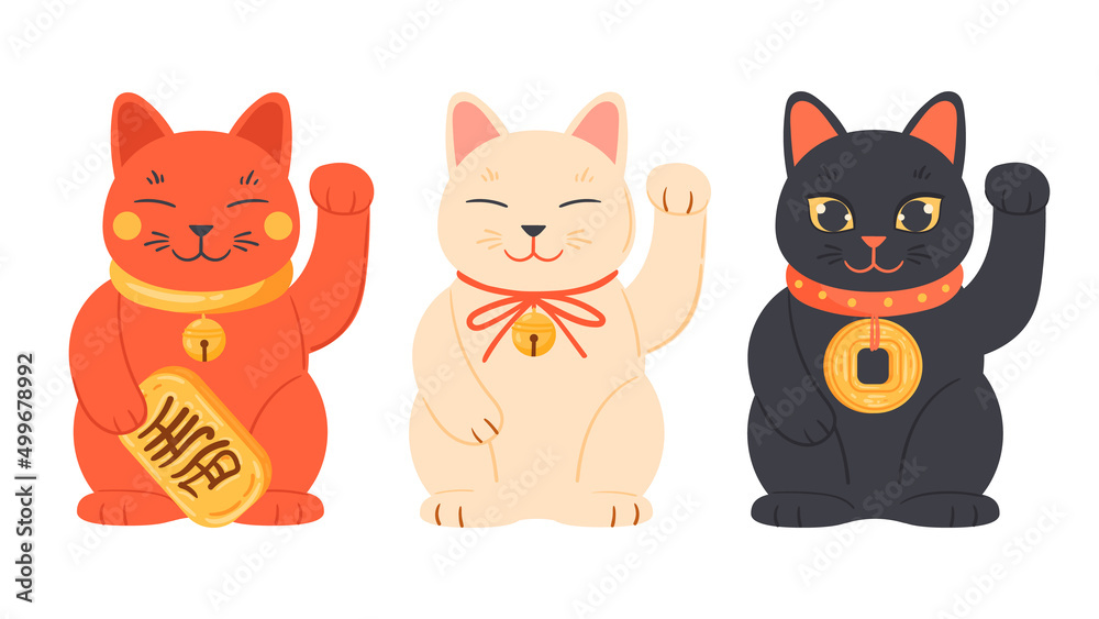 Cartoon fortune cat Maneki neko, oriental Japanese lucky cats. Black, white and red traditional cat toys vector illustrations set. Richness and fortune cats mascots