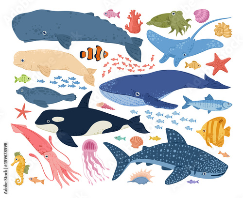 Cartoon sea animals, underwater creatures, fish, jellyfish, whale and octopus. Ocean aquatic animals, shark, turtle, crab and dolphin vector symbols illustrations set. Underwater marine fauna