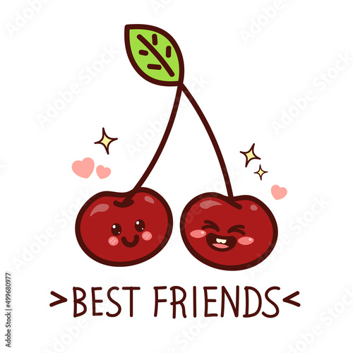 Two cute cherries. Best friends inscription. Kawaii vector illustration isolated on white background.