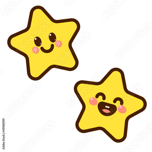 Cute stars with smiling faces. Set of kawaii vector illustrations isolated on white background.