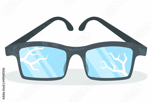 cracked black reading glasses. broken glass. flat vector illustration.