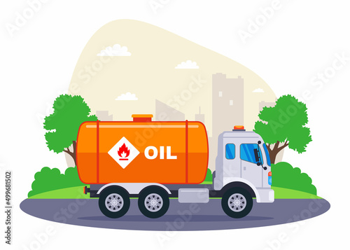 a tanker of gasoline is transported by a truck. fuel delivery. flat vector illustration.