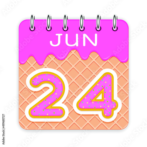 24 day of the month. June. Waffle cone calendar with melted ice cream. 3d daily icon. Date. Week Sunday, Monday, Tuesday, Wednesday, Thursday, Friday, Saturday. White background. Vector illustration.
