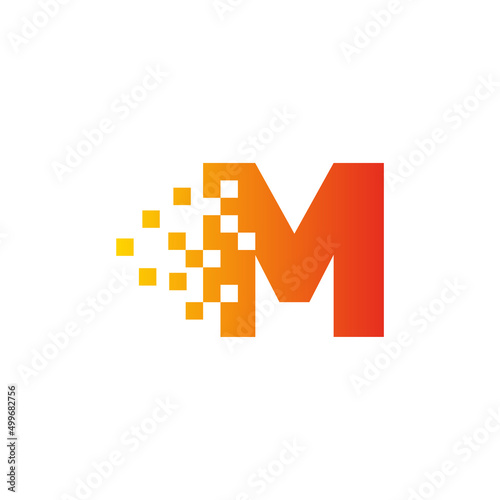 Colorful letter M fast pixel dot logo. Pixel art with the letter M. Integrative pixel movement. Creative scattered technology icon. Modern icon creative ports. Vector logo design.