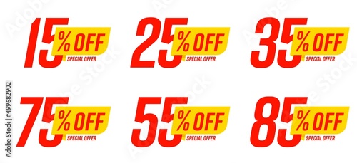 Discount sale talker or tag set. Special offer with 15, 25, 35, 55, 75, 85 percent off design vector illustration isolated on white background