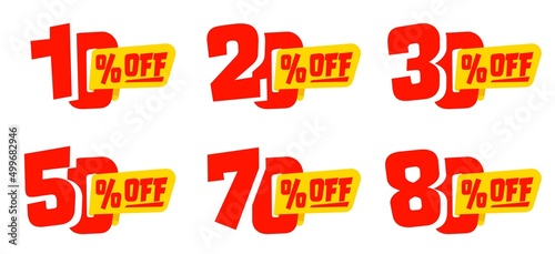 10, 20, 30, 50, 70, 80 percent off numeral design set. Creative number lettering for sale poster and banner, flyer and coupon vector illustration isolated on white background