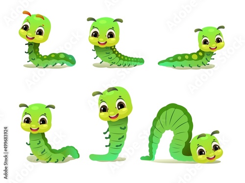 Set of Caterpillar. wildlife object. Little funny insect. Cute cartoon style. isolated on white background. Vector