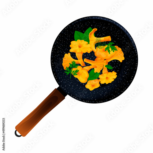 Vector isolated illustration chanterelles fried in a frying pan with spices, with leaves of parsley, dill, basil. The concept of food, cuisine. It can be used in web design, banners, etc.