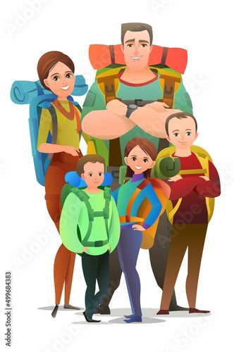 Family tourist backpacker. Backpack on his back. Cheerful person. Standing pose. Cartoon comic style flat design. Single character. Illustration isolated. Vector © Ирина Мордвинкина
