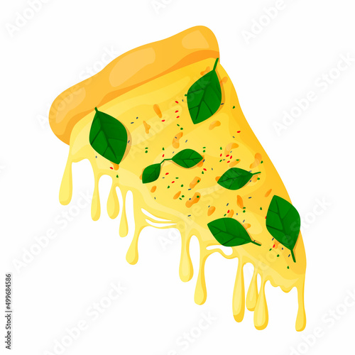 Vector isolated illustration juicy, fresh slice of Italian pizza with basil leaves, crispy crust. Concept traditional Italian slices, snacks, fast food. You can use in web design, etc