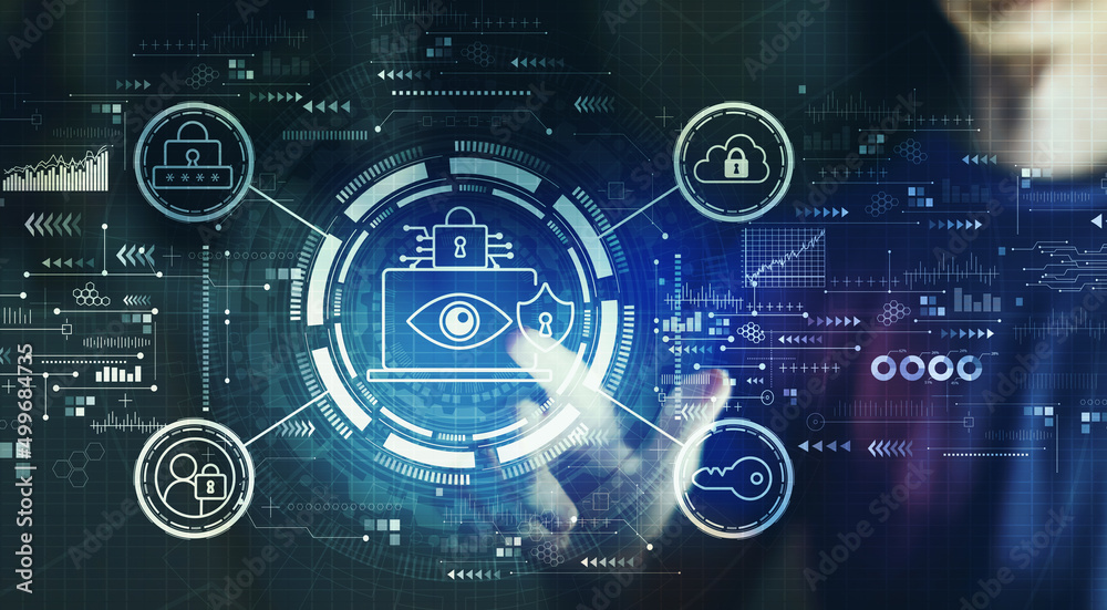 Data Privacy concept with young man touching a digital screen at night Data Privacy concept with young man touching a digital screen at night