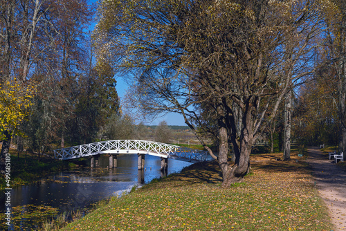 beautiful humpbacked bridge across the canal in a country autumn park