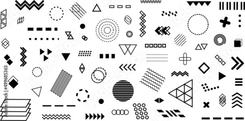 Geometric shapes set. Memphis design, retro style icons. Web, UI, advertising, commercial banner or wallpaper details. Collection of trendy geometric vector shapes. Black and white symbols design
