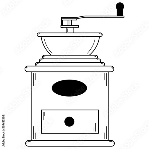 Hand drawn manual coffee grinder. Tool for grinding coffee beans. Doodle style. Vector