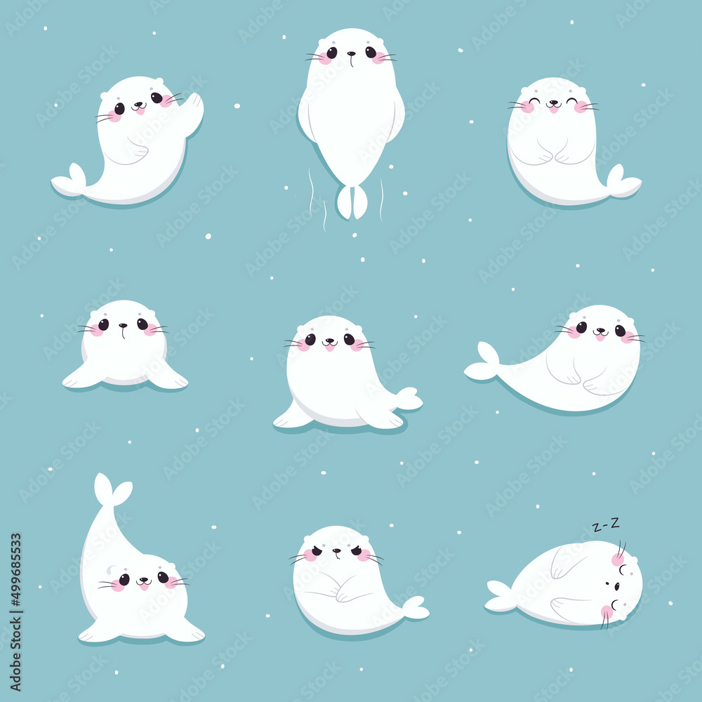 Cute Seal with White Fur Swimming, Sleeping and Smiling on Blue Background Vector Set