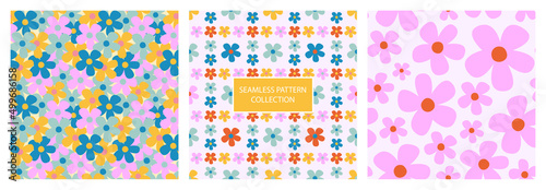 Fotografie, Obraz Set of abstract seamless patterns with groovy daisy flowers
