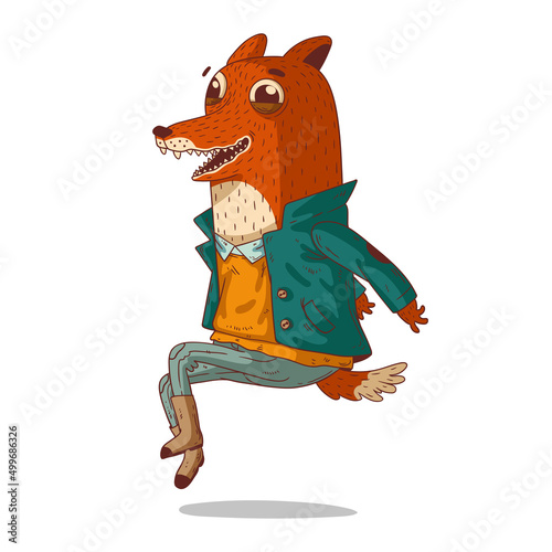 Hipster fox, jumping with joy, isolated vector illustration. Happy humanized fox. Trendy dressed anthropomorphic fox, hovering in a jump. An animal character with a human body.