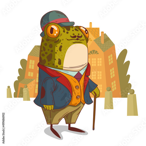 A gentleman frog, vector illustration. Elegant anthropomorphic frog against the buildings. Cartoon illustration of a sophisticated toad with a walking stick. An animal character with a human body.