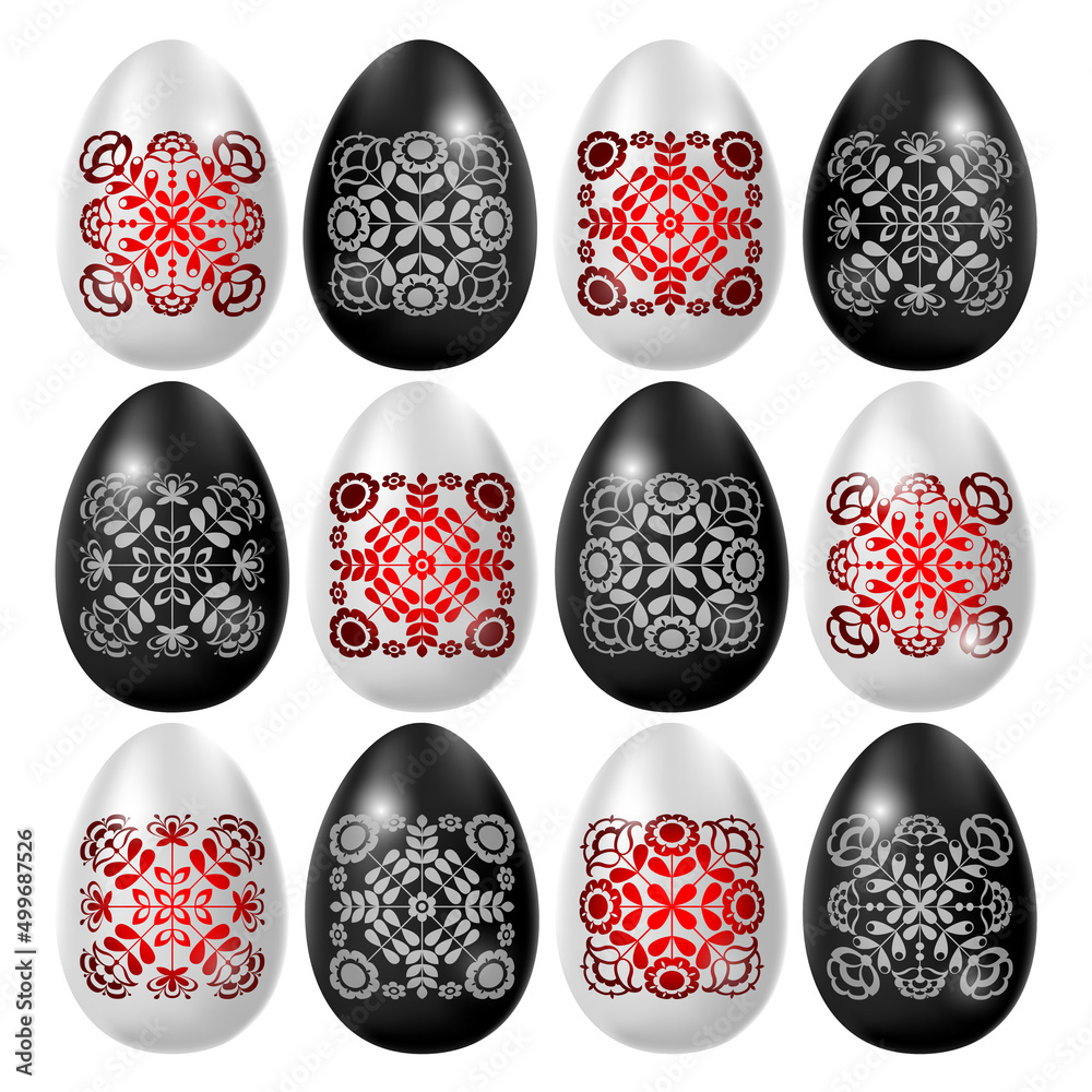 Fototapeta premium Set of white and black Easter eggs in Ukrainian style based on Ukrainian embroidery on a white background.