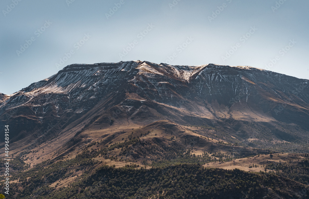 Horizontal panoramic view of snow-capped mountains in Cajón del Maipo, Chile