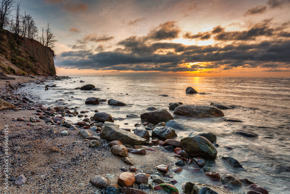 Beautiful landscape of the beach at Orlowo cliff before sunrise, Gdynia. Poland