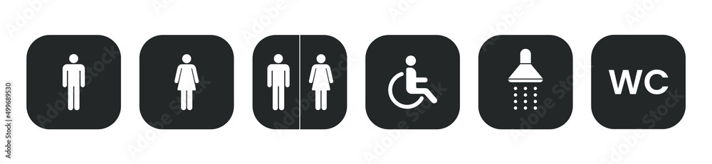 Set of toilet icons, toilet signs, WC signs. Black flat wc icon set. Male or female restroom wc. Stock vector. Set of toilet icons, toilet signs, WC signs. Black flat wc icon set. Male or female restroom wc. Stock vector.