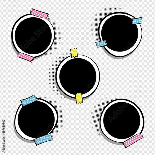 Set of round frames in pop art style. Collection of photo frames in comic style for a photo album in circle shapes. Color stickers on frames. Template for the design of frames for photographs, posters