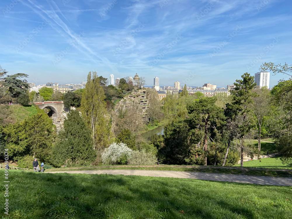 Paris, France - 04 10 2022: Park des Buttes Chaumont. View of the Temple of the Sibyl in the belvedere Island