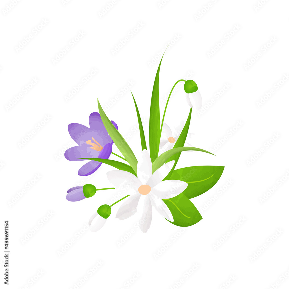 Watercolor small spring bouquet of white and purple flowers