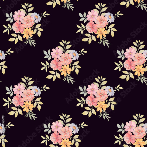 Seamless floral pattern. Ornament of delicate bouquets of flowers. Watercolor illustration of flowers for design, textiles, wallpapers. ready-made seamless background.