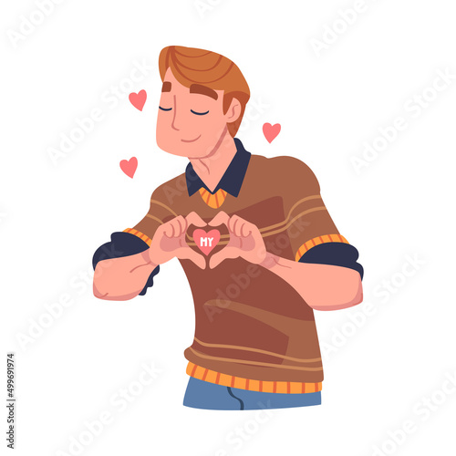 Self Love with Man Character Admiring Himself Delighted with His Appearance with Heart Around Vector Illustration