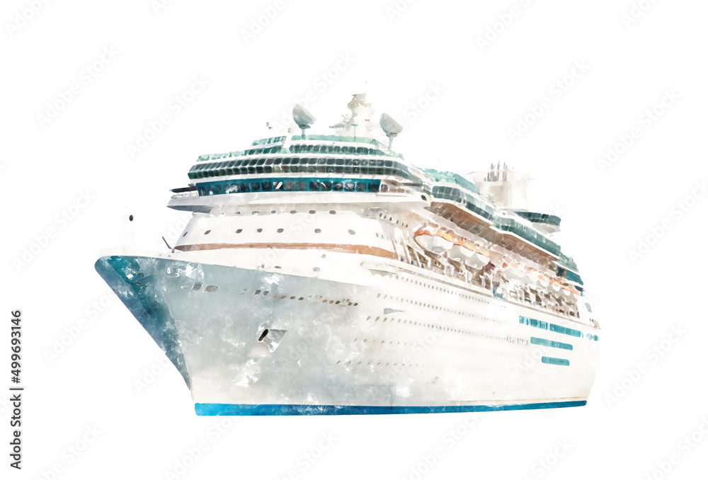 Watercolor drawing of cruise ship isolated on white background, modern ocean liner - obrazy, fototapety, plakaty 