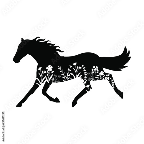 Floral Horse icon vector. Rustic illustration sign. Farmhouse symbol. Animal flower logo.