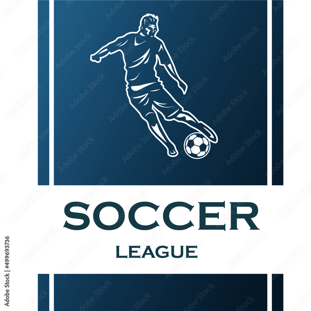 Emblem, logo, template for a football, soccer club, team with a football player. Forward or defender silhouette dribbling. 