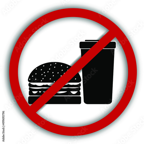 A vector image of a prohibition sign with a crossed-out burger and a glass of drink. Means that it is forbidden to eat (not to eat)