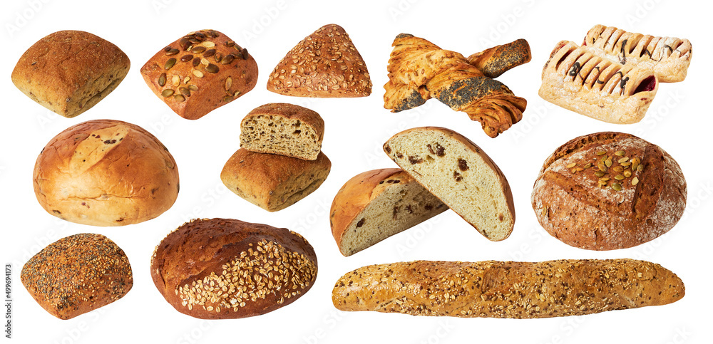 Set of various baked bread isolated on white background with clipping path. Many different wheat, grain and rye bread with ears of rye and wheat Set of various baked bread isolated on white background with clipping path. Many different wheat, grain and rye bread with ears of rye and wheat