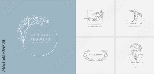 Limonium, babys breath logo and branch. Hand drawn wedding herb, plant and monogram with elegant leaves for invitation save the date card design