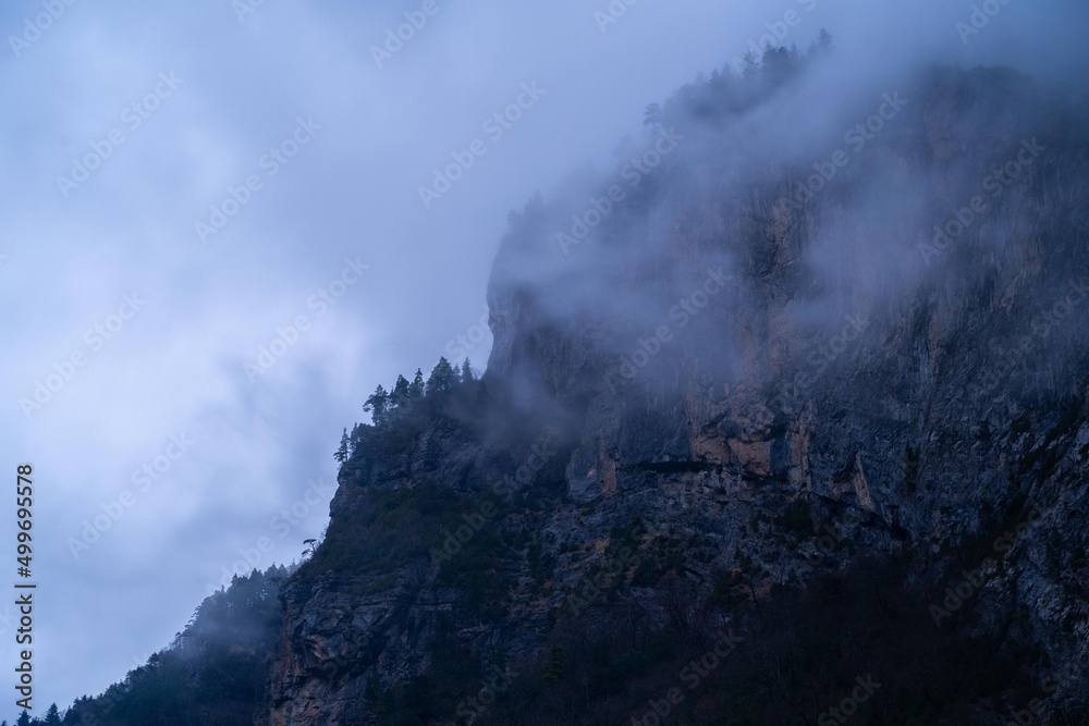 misty mountain landscape in the pyrenees
