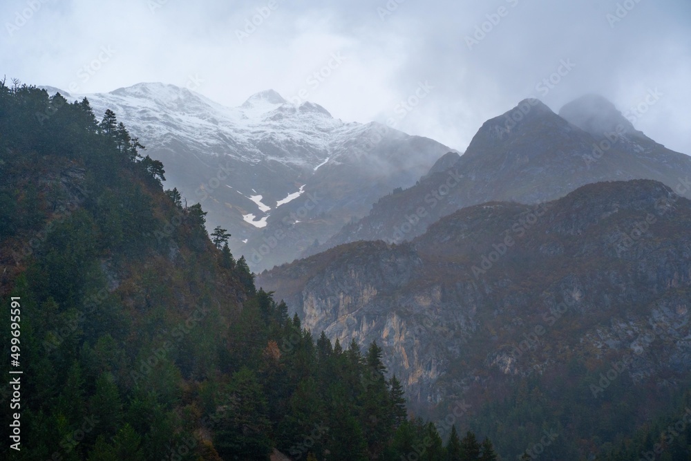 misty mountain landscape in the pyrenees