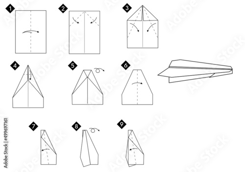 Instructions how to make origami airplane. Black and white colors. Vector step by step tutorial monochrome illustration.