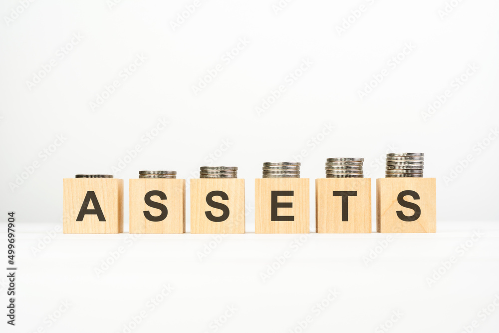 ASSETS text written on wooden block with stacked coins on white background