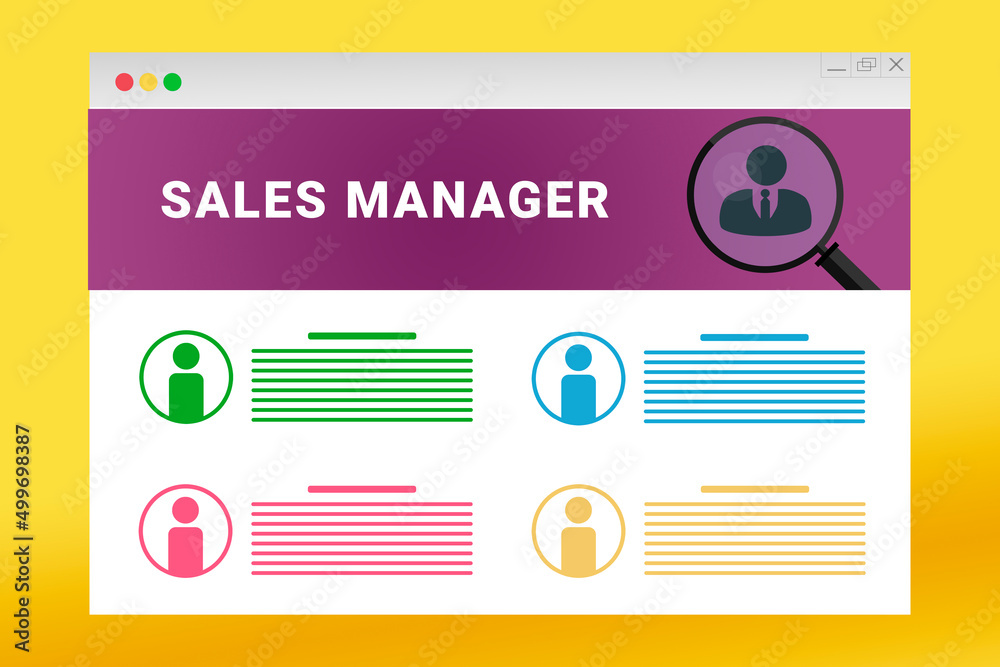 Naklejka premium Sales Manager logo in header of site. Sales Manager text on job search site. Online with Sales Manager resume. Jobs in browser window. Internet job search concept. Employee recruiting metaphor