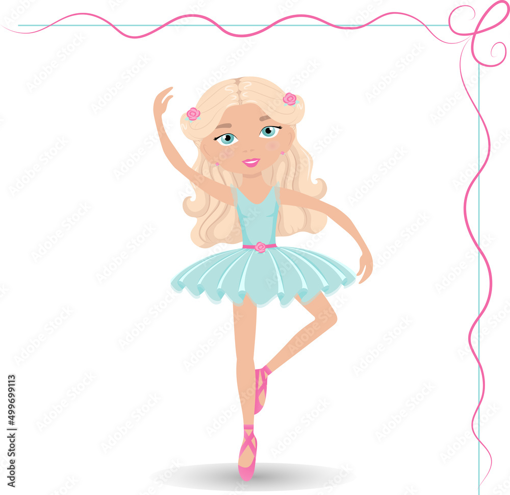 Cute girl ballerina in a blue dress, vector illustration on a white background. Cute girl ballerina in a blue dress, vector illustration on a white background.