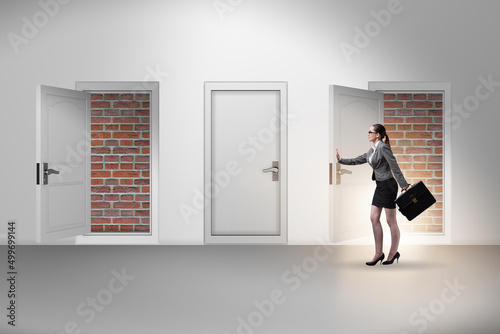 Businesswoman facing no exit with brick door