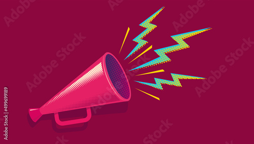 Vector vintage poster with retro pink megaphone on red background.