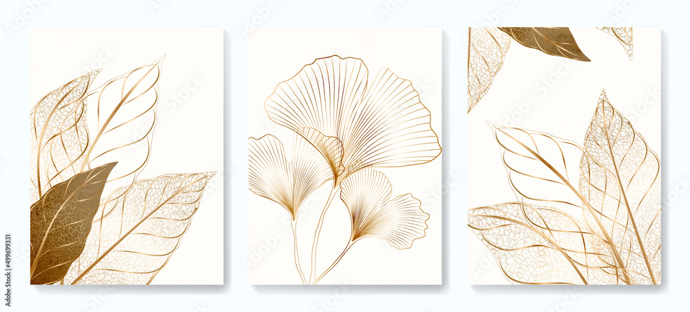 Fototapeta Luxury art background with golden tropical leaves and ginkgo in line style. Botanical poster set for decoration, interior design, textile, packaging