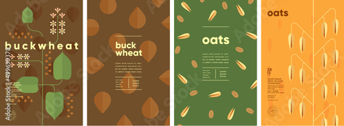 Oats. Buckwheat. Set of vector illustrations. Label design, price tag, cover design. Backgrounds and patterns.